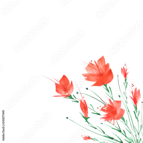 Watercolor painting. A bouquet of flowers of red poppies, wildflowers on a white isolated background. Hand drawn watercolor floral illustration, logo. Abstract splash of watercolor paint