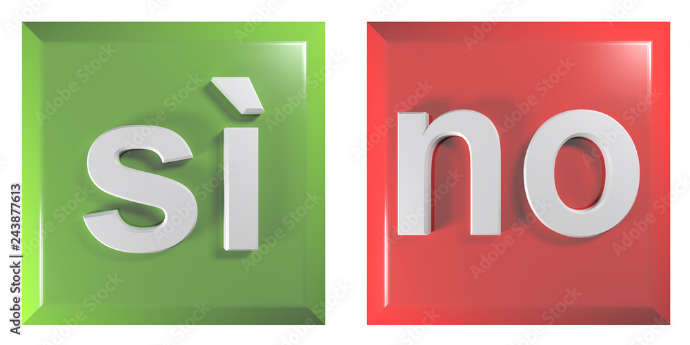 Push buttons for positive and negative answers in italian: buttons are square - 3D rendering illustration Push buttons for positive and negative answers in italian: buttons are square - 3D rendering illustration