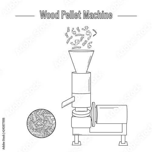 Machine for the production of wood pellets used for processing (pressing) wood waste for the production of boiler fuel. Black and white vector illustration. The icon.