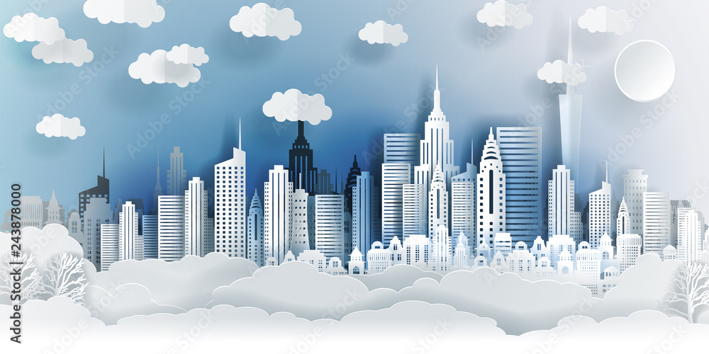 Guangzhou city concept, China. Paper art city on back with buildings, towers, clouds. Origami and travel concept, vector paper art illustration.