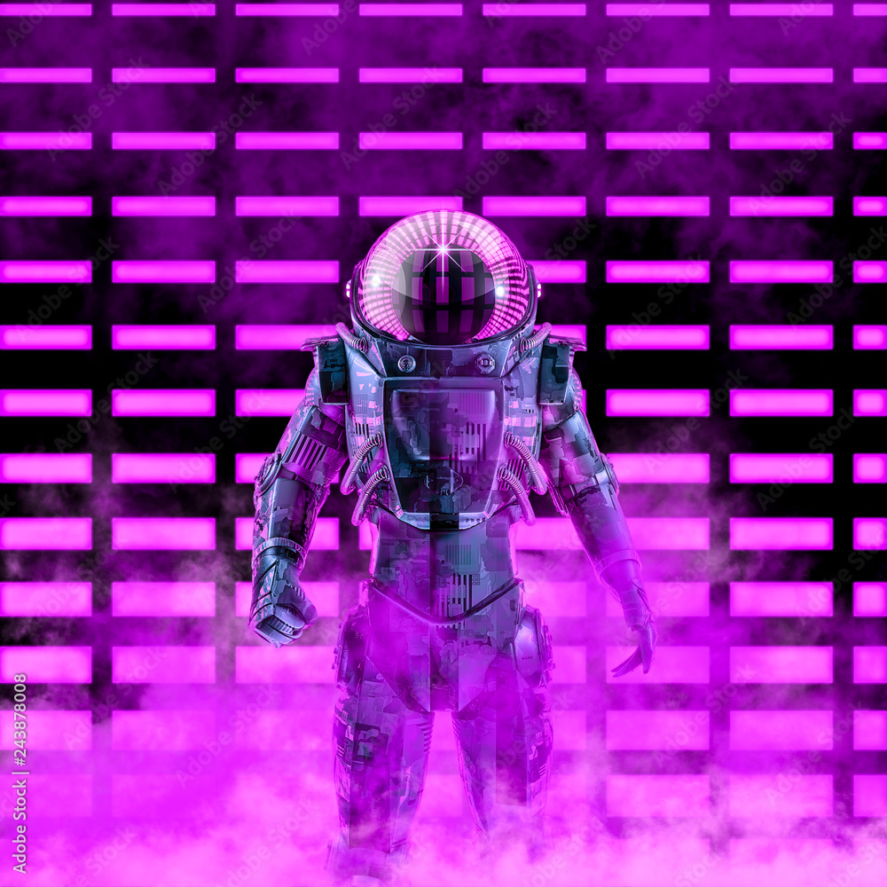 The dark neon astronaut / 3D illustration of science fiction scene with astronaut in armoured space suit in front of glowing neon lights The dark neon astronaut / 3D illustration of science fiction scene with astronaut in armoured space suit in front of glowing neon lights