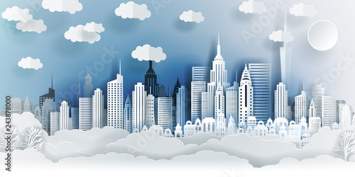 Guangzhou city concept, China. Paper art city on back with buildings, towers, clouds. Origami and travel concept, vector paper art illustration.