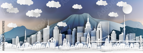 Tokyo city concept, Japan. Paper art city on back with buildings, towers, bridge, clouds. Origami and travel concept, vector paper art illustration.