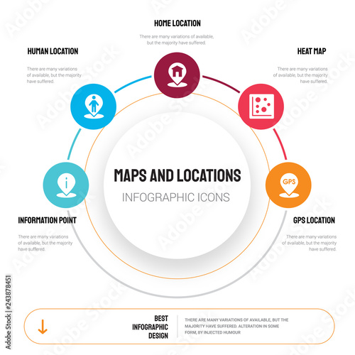 Abstract infographics of maps and locations template. information Point Pin, Human Location, Home Location icons can be used for workflow layout, diagram, business step options, banner, web design.