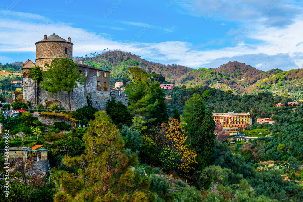 Medieval castle on the top of the hill in the coastal italian city Portofino, Liguria, Italy