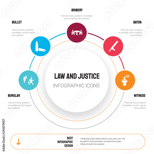 Abstract infographics of law and justice template. Burglar, Bullet, Bribery, Baton, Witness icons can be used for workflow layout, diagram, business step options, banner, web design.