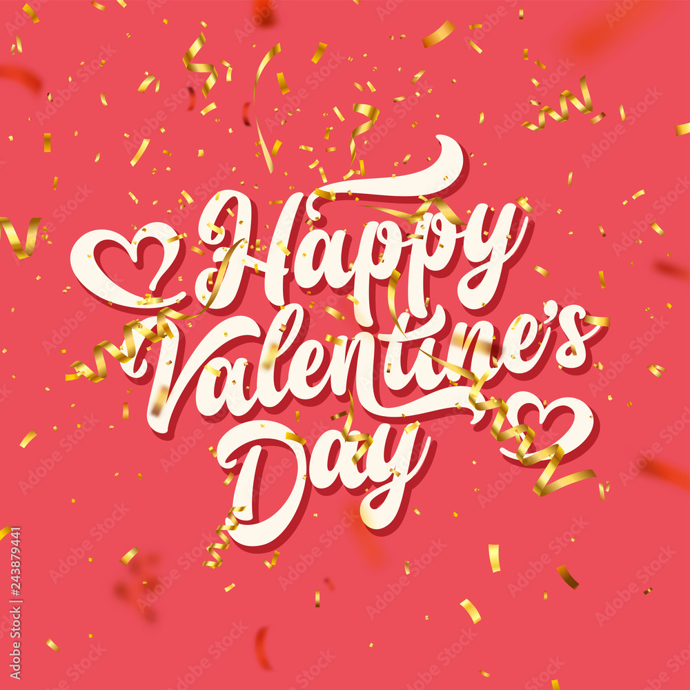 Valentines Day Love Oblique Lettering With Golden Confetti. February 14 Handwritten Romantic Greeting Card Text. Vector Illustration. Valentines Day Love Oblique Lettering With Golden Confetti. February 14 Handwritten Romantic Greeting Card Text. Vector Illustration.