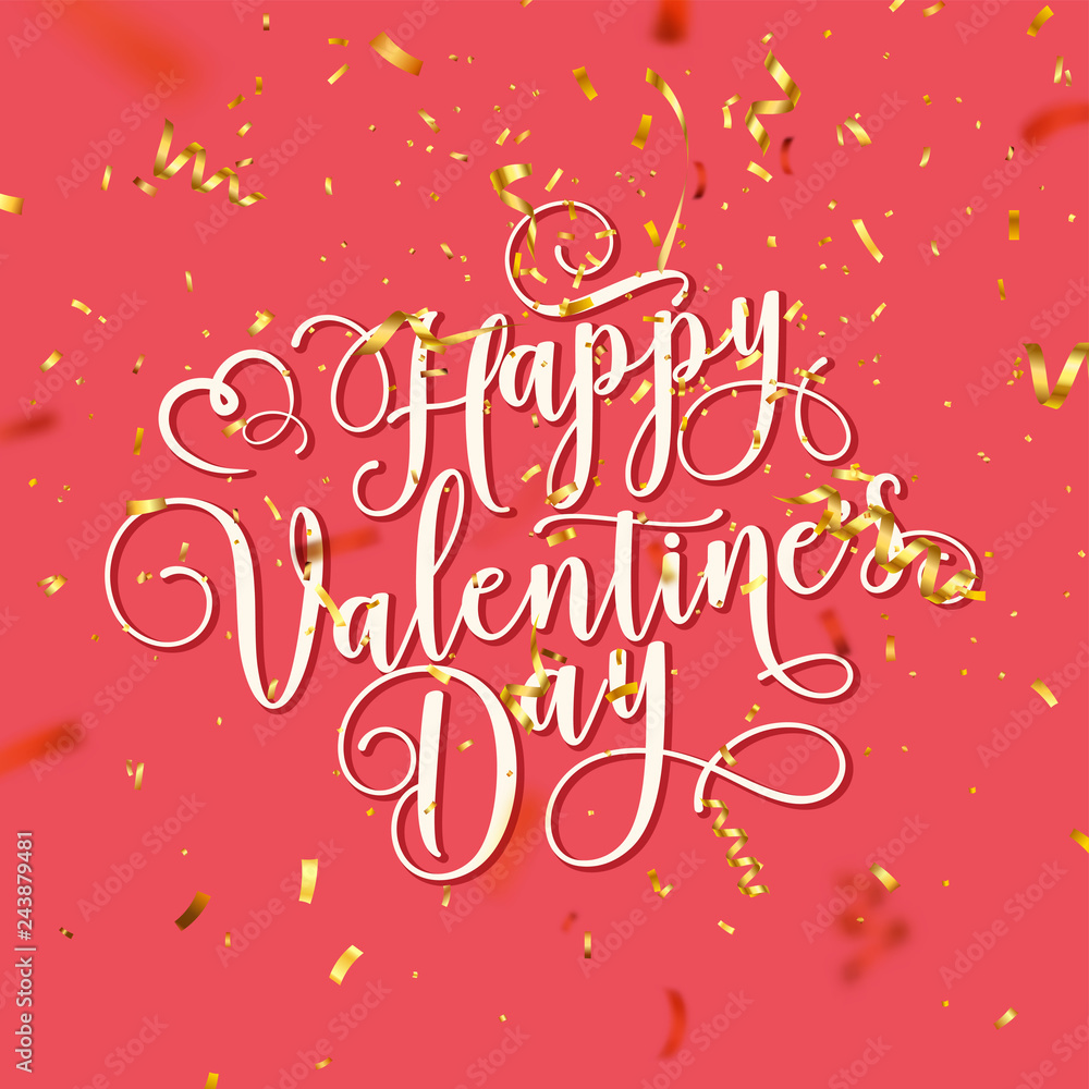Valentines Day Love Oblique Lettering With Golden Confetti. February 14 Handwritten Romantic Greeting Card Text. Vector Illustration.
