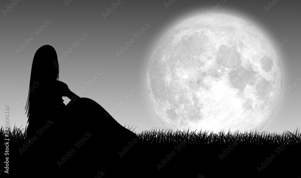 Lonely girl looking to full moon