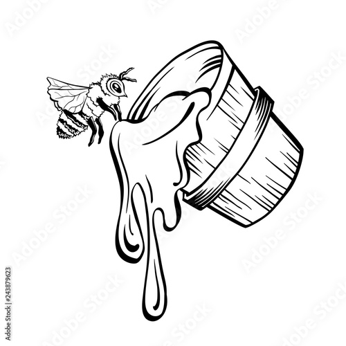 Honey Bucket and Bee, Outline Logo Design. Isolated Vector. Black Engraved Element. Vintage Style Illustration of Flying Wasp and Honey Drop