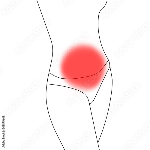 Slim woman body silhouette in panties. Gynecology, menstruation, digestion problem. Woman belly with red circle.
