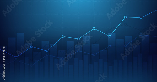 Widescreen Abstract financial graph with uptrend line and bar chart of stock market on blue color background