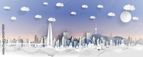 Seoul city concept, Korea. Paper art city on back with buildings, towers, bridge, clouds. Origami and travel concept, vector paper art illustration.