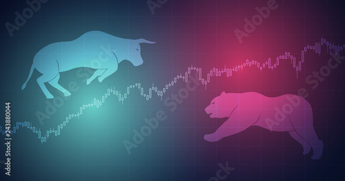 Widescreen Abstract financial chart with bulls and bear in stock market on red and blue color background