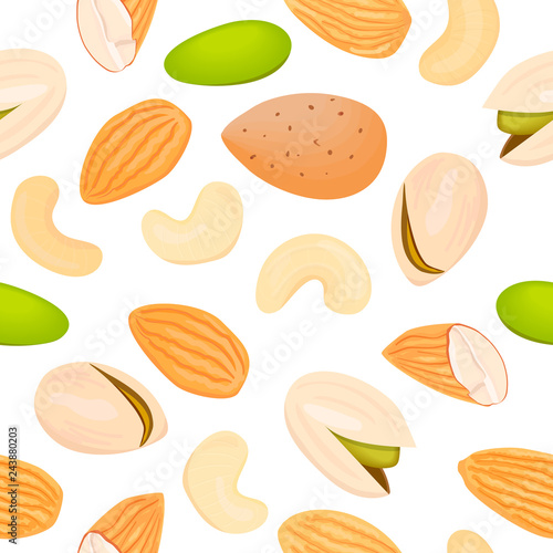 Almonds, pistachio, cashew seamless vector pattern on white background.