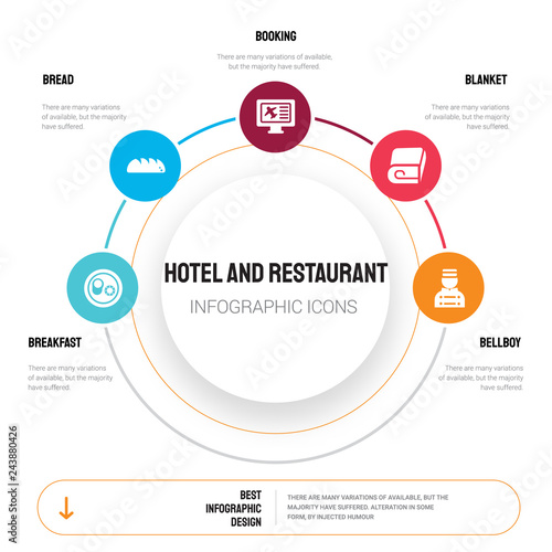 Abstract infographics of hotel and restaurant template. Breakfast, Bread, Booking, Blanket, Bellboy icons can be used for workflow layout, diagram, business step options, banner, web design.