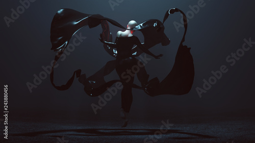 Floating Black Demon Shrink Wrapped Futuristic Haute Couture Dress and floating Fabric wave Abstract Demon 3d illustration 3d render 