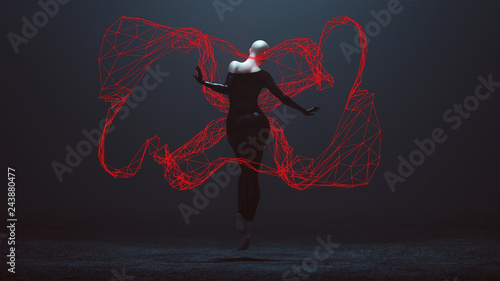 Floating Black Demon Shrink Wrapped Futuristic Haute Couture Dress and Red Neon Lattice Light Wave Abstract Demon 3d illustration 3d render  