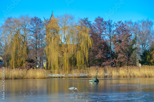 View over an icebound pond to a small village church built of fieldstones in Berlin, Germany, district Lichtenrade. In the foreground you can see a heron on the ice.