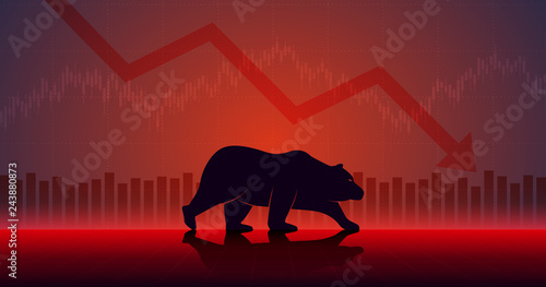 Widescreen Abstract financial chart with downtrend line graph and walking bear icon in stock market on red color background