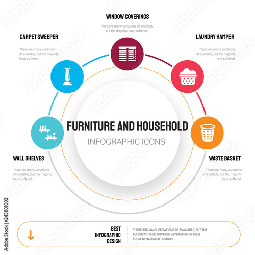 Abstract infographics of furniture and household template. Wall Shelves, Carpet sweeper, Window coverings icons can be used for workflow layout, diagram, business step options, banner, web design.