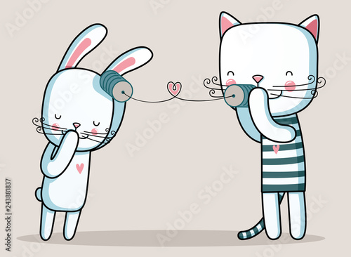 rabbit and cat talking with cup telephone