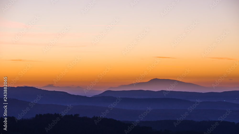 silhouette sunset mountain fog valley