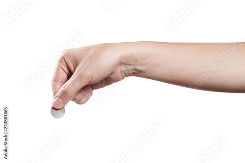 Hand holding a coin, isolated on white background