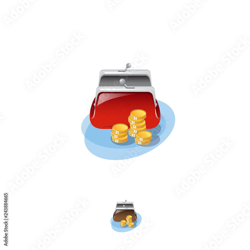 Wallet icon. Banking web icon. A bright purse is open and gold coins near it. Symbol of payments, savings.