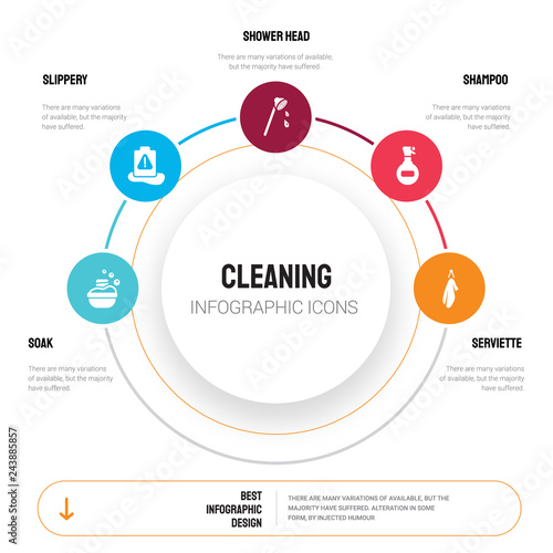 Abstract infographics of cleaning template. Soak, Slippery, Shower head, Shampoo, Serviette icons can be used for workflow layout, diagram, business step options, banner, web design.