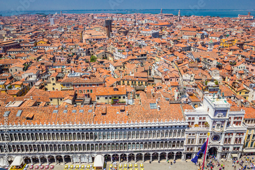 Panoramic view of Venice, Dodge Palace and red tiled roofs from Campanile on Piazza San Marco (Saint Mark Square), Venice, Italy