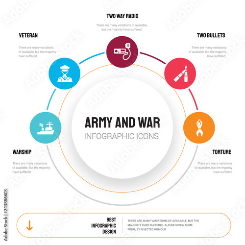 Abstract infographics of army and war template. Warship, Veteran, Two way radio, Bullets, torture icons can be used for workflow layout, diagram, business step options, banner, web design.