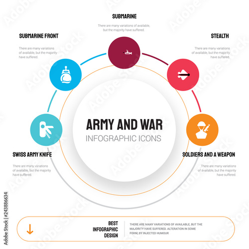 Abstract infographics of army and war template. Swiss Army Knife, Submarine Front View, Submarine, stealth icons can be used for workflow layout, diagram, business step options, banner, web design.