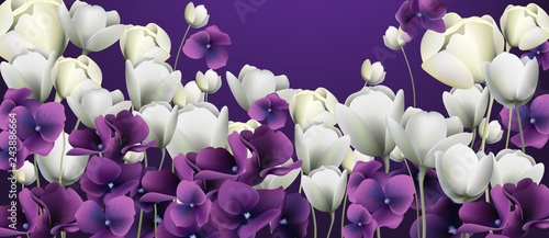 Purple flowers banner Vector. Duotone retro floral backgrounds