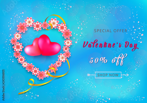 Valentines day sale background in form of heart from paper-cut flowers on blue background