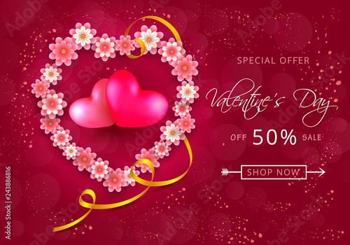 Valentines day sale card in form of heart from paper-cut flowers on pink background