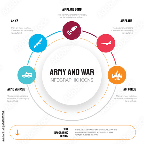 Abstract infographics of army and war template. Armo Vehicle, AK 47, Airplane Bomb, Airplane, Air force icons can be used for workflow layout, diagram, business step options, banner, web design.
