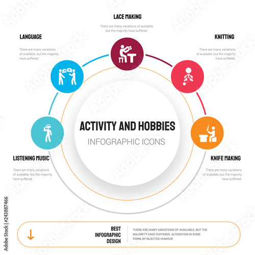 Abstract infographics of activity and hobbies template. Listening Music, Language, Lace making, Knitting icons can be used for workflow layout, diagram, business step options, banner, web design.