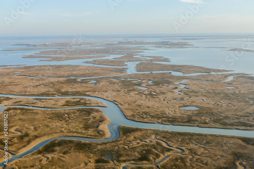 Beautiful photo picture view bird eye of Venice Lagoon From the Sky Airplane