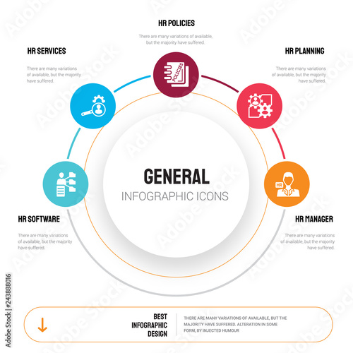 Abstract infographics of general template. hr software, services, policies, planning, manager icons can be used for workflow layout, diagram, business step options, banner, web design.