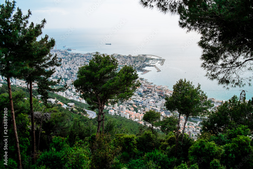 overview of Harissa maronite sanctuary, Lebanon with Beirut and mediterranean sea in background