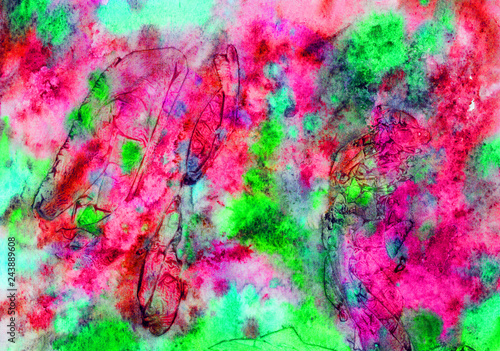 Abstract artistic hand painted watercolo, pink and green colors palette