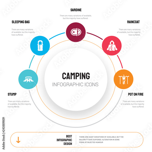 Abstract infographics of camping template. Stump, Sleeping bag, Sardine, Raincoat, Pot on fire icons can be used for workflow layout, diagram, business step options, banner, web design.
