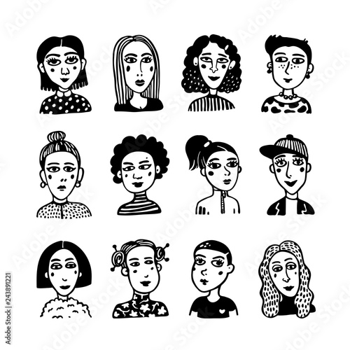 Big set of gilrls avatars. Doodle style portraits of fashionable girls. Feminists union, girls power, sisterhood concept. Black and white hand drawn vector illustration