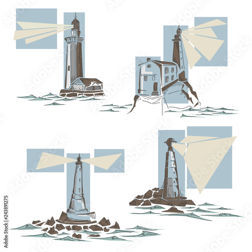 Set of simple cartoon illustrations of lighthouse.