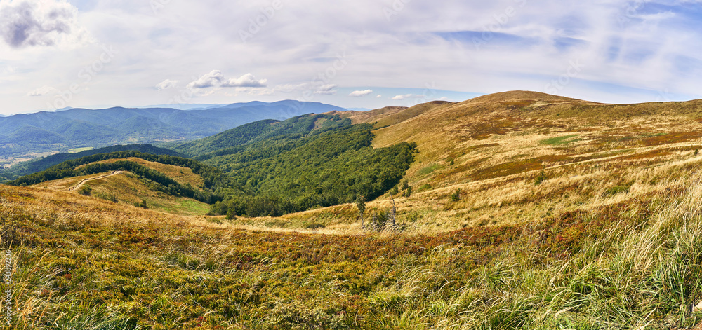 Naklejka premium Beautiful panoramic view of the Bieszczady mountains in the early autumn, Bieszczady National Park (Polish: Bieszczadzki Park Narodowy), Poland.