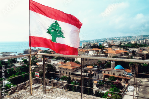 Lebanese flag seen at the Byblos fortress in Byblos, Lebanon.