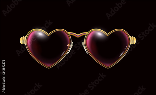 Golden glasses with a rim of hearts, isolated in black background. Eyeglasses obligatory Attribute of Valentines day. Retro design. Heart spectacles pictogram accessory. Gold vector illustration