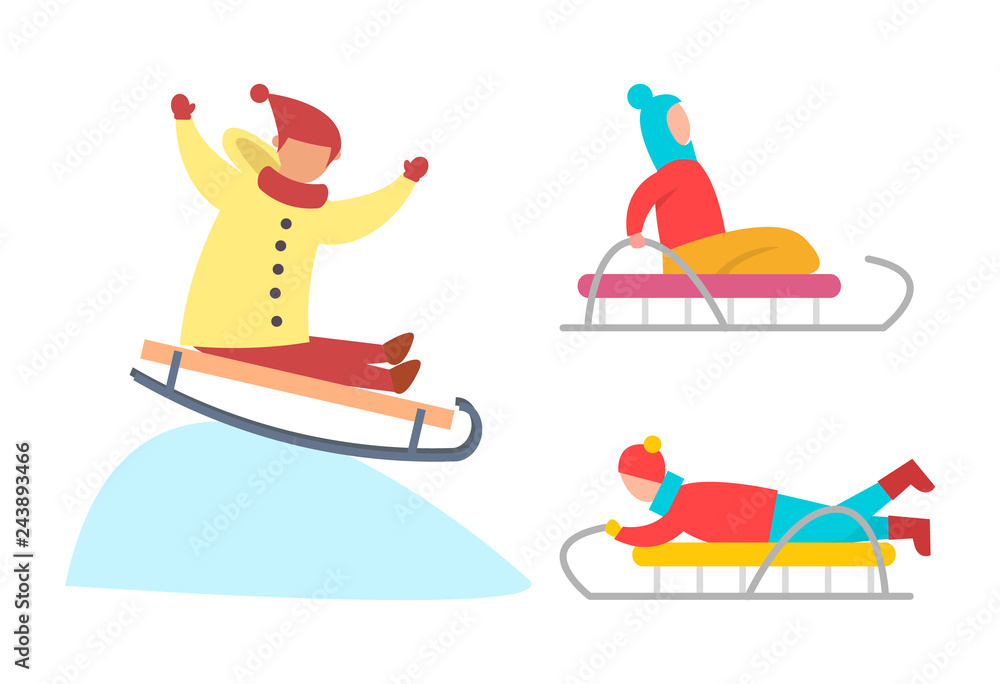 Children Sledding Down Snowy Ice Slopes Vector Children Sledding Down Snowy Ice Slopes Vector