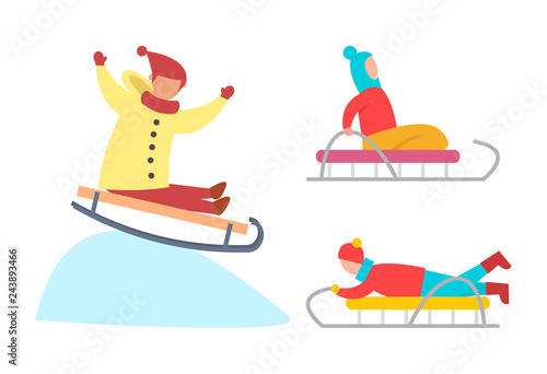 Children Sledding Down Snowy Ice Slopes Vector